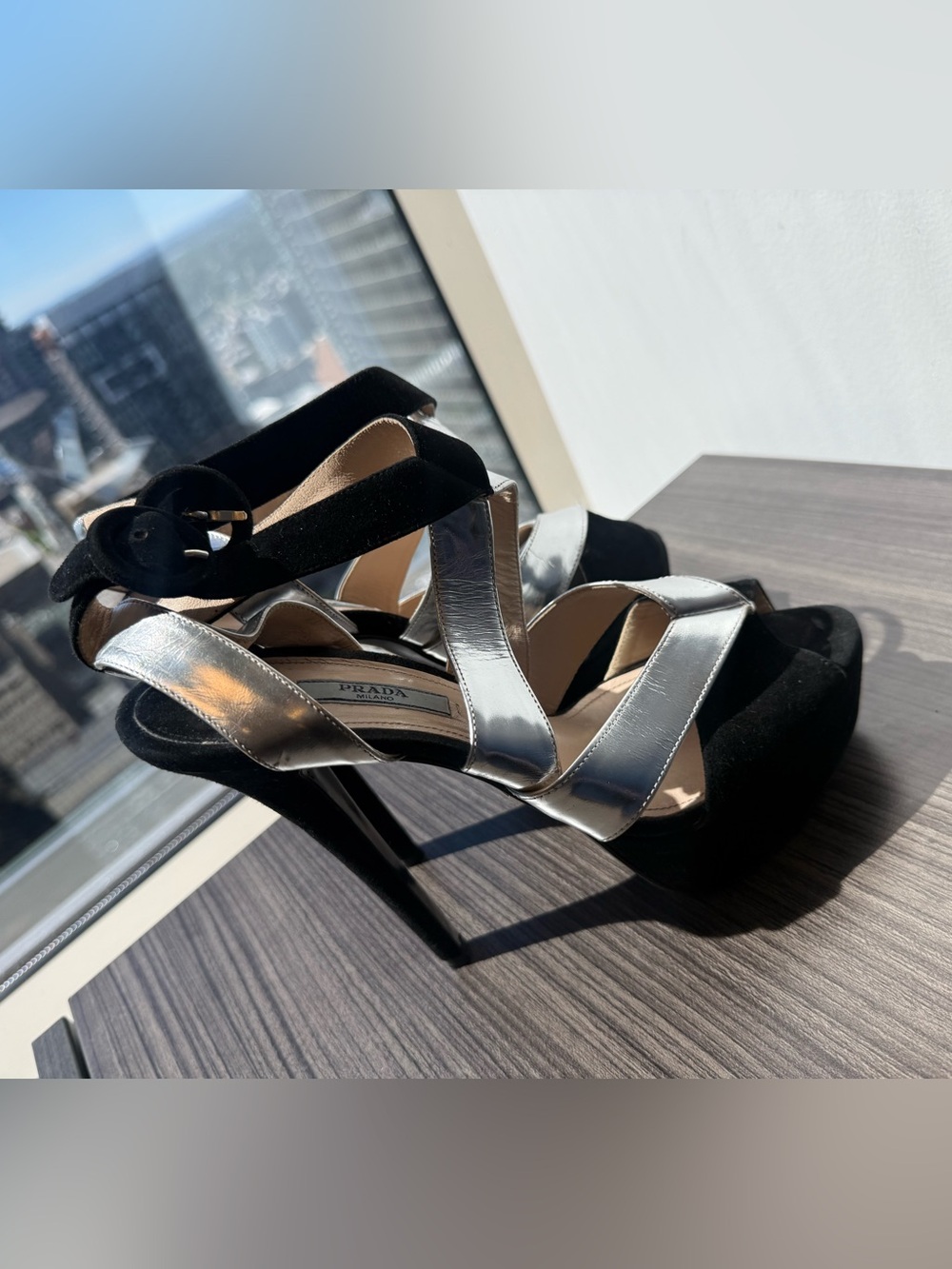 Prada 38.5 EUC (8) worn twice Suede and Silver Metallic Strappy Heels